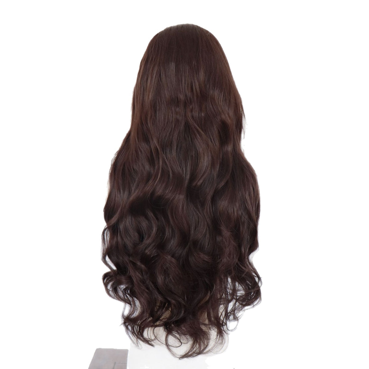 Back view of the dark brown long wavy wig on a white background, soft curls across the back