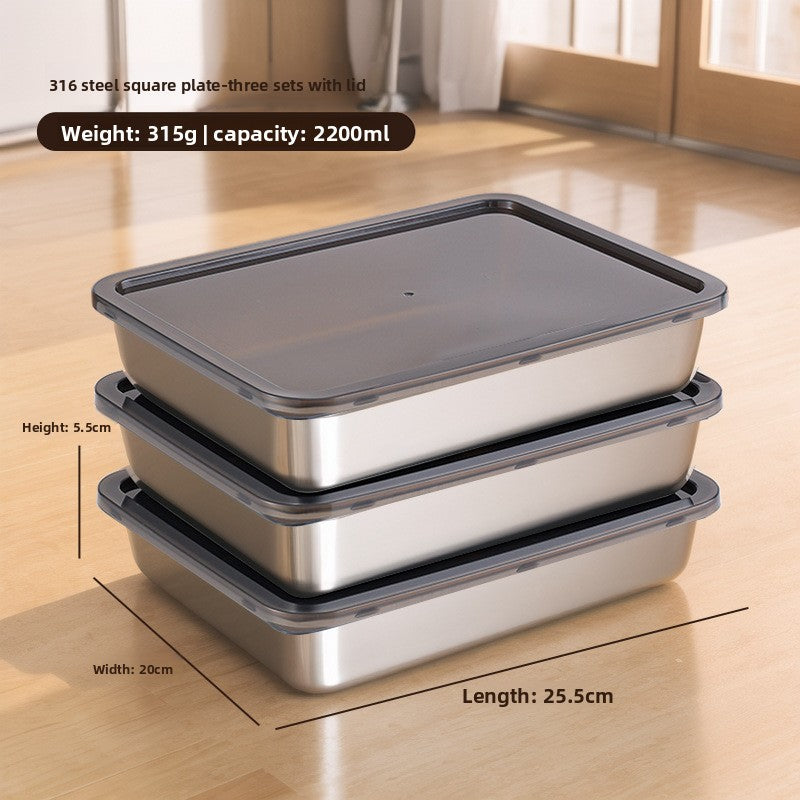 Three steel food trays with smoked black lids, labelled 25.5 by 20 by 5.5 cm