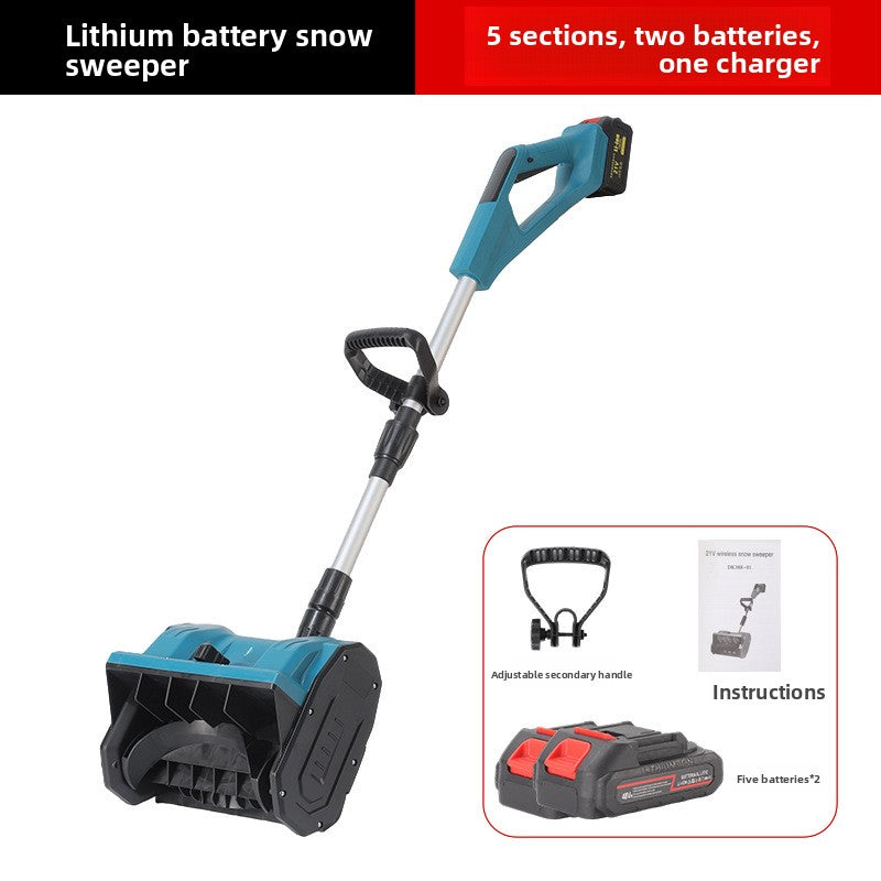 Blue cordless snow blower with 5-cell lithium-ion pack, two batteries, charger and EU plug