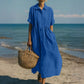 Short-sleeve cotton linen dress worn in a lifestyle scene