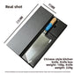 Damascus Chinese cleaver with blue resin handle lying in its wide black gift box with size markings