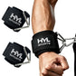 Muscular forearm wearing a black HYL SPORTS wrist strap clipped to a triangle ring, with a second strap pair beside it