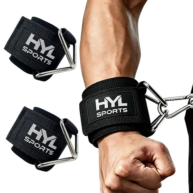 Muscular forearm wearing a black HYL SPORTS wrist strap clipped to a triangle ring, with a second strap pair beside it