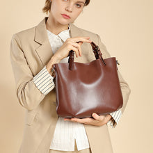 Cowhide Leather Bucket Tote Bag with Top Handles and Detachable Strap