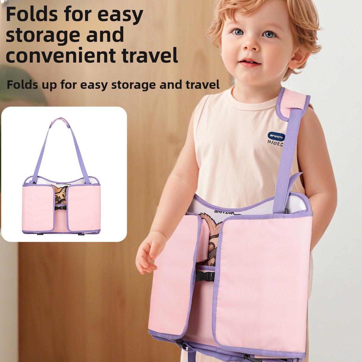 Child wearing the folded pink travel tray bag over the shoulder with a folding storage view