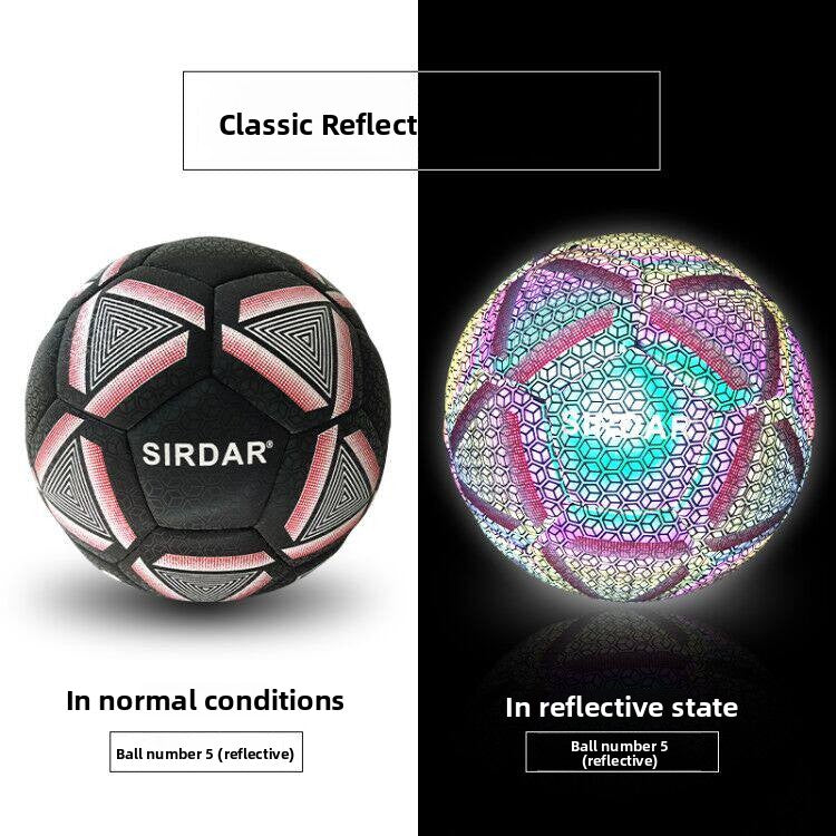Size 5 black and pink reflective football with SIRDAR wordmark in normal and reflective states