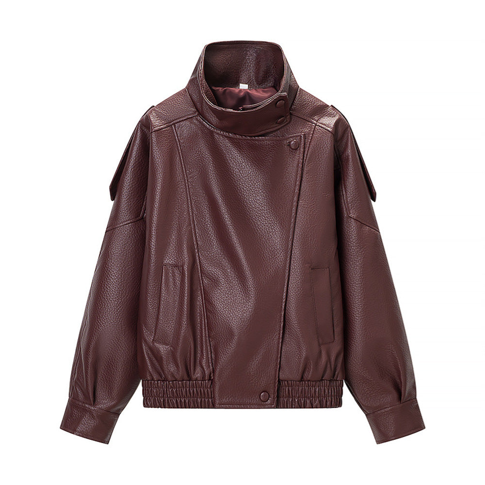 Women's oversized PU leather moto jacket with stand collar and elastic hem, Reddish brown XXL option