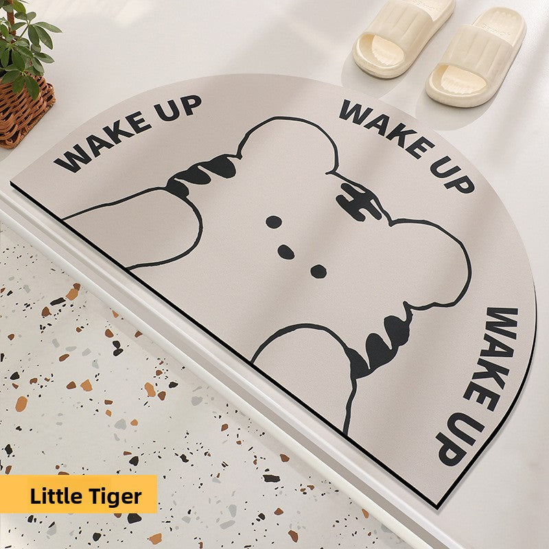 Cream Wake Up Cartoon semi-circular diatomite bath mat, variant photo for 40x60 cm, 4 mm thick