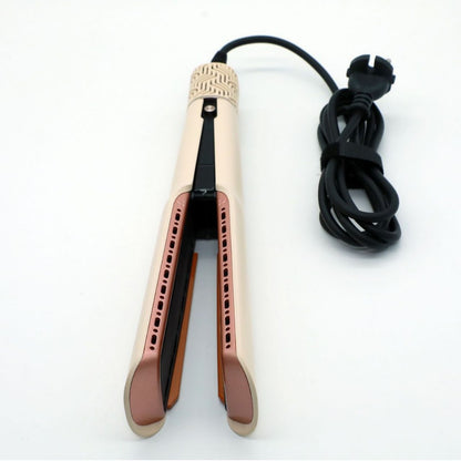 Champagne hair straightener open showing rose gold ceramic plates and coiled black cord