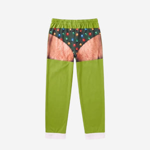 Green ugly Christmas gag loungewear with photo real printed body art and colored string lights