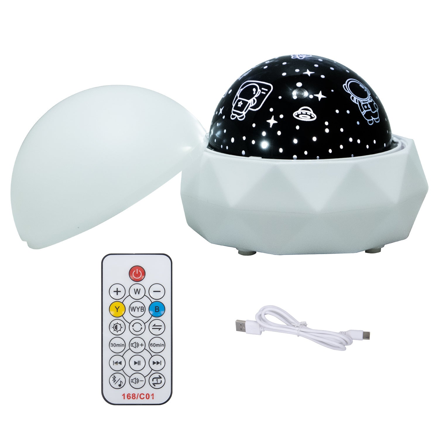 White geometric projector base with the starry sky dome fitted on top