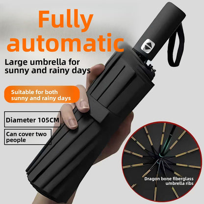Folding sun and rain umbrella with a black coated canopy shown closed in the hand
