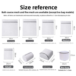 Mesh laundry wash bag with a gray zip closure holding folded clothes