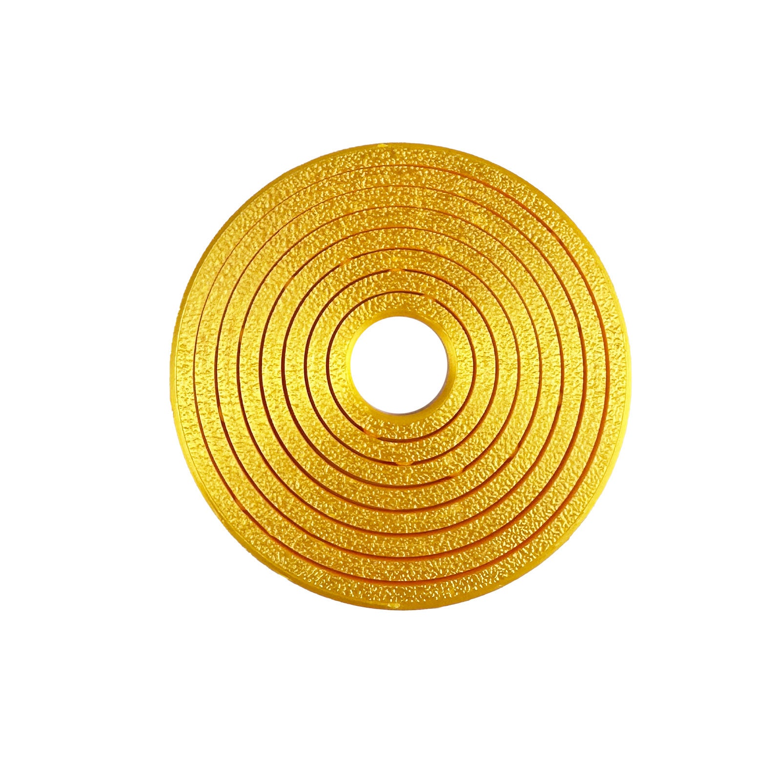 Gold nested gyro ring fidget lying flat, concentric printed rings on a white ground