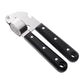 Stainless steel garlic press with black PP handles, rivets and hanging holes on a white background