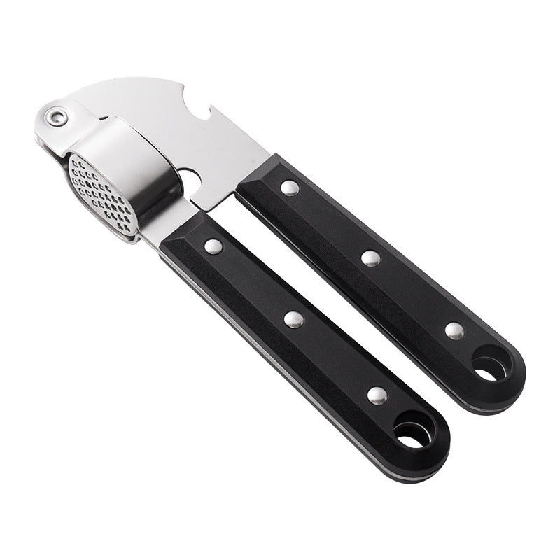 Stainless steel garlic press with black PP handles, rivets and hanging holes on a white background