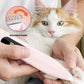Pink pet paw trimmer held beside a ginger and white cat with a zoom on the rounded blade tips