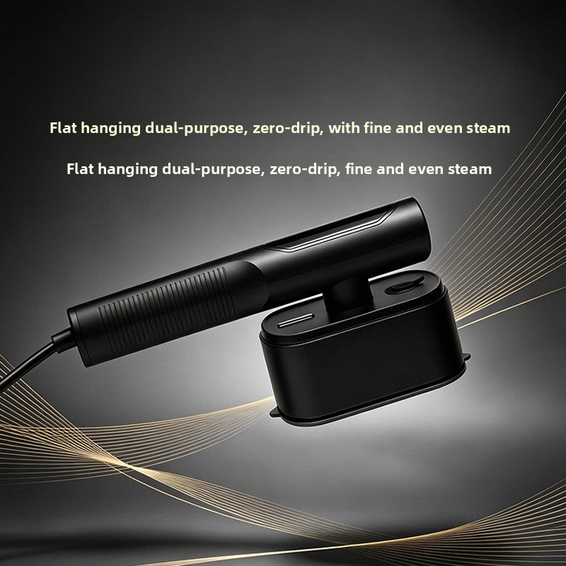 Black handheld garment steamer with flat steam head and power cord on a dark gray background, Black variant