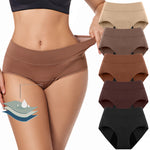 Five colour high-waist menstrual briefs shown with a model and a layered gusset diagram