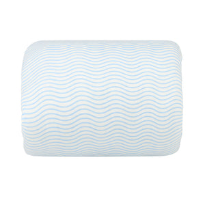 Overview of the nursing pillow and its included soft printed cover laid out flat