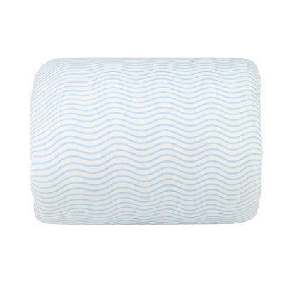 Overview of the nursing pillow and its included soft printed cover laid out flat