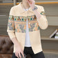 Apricot geometric pattern men's knit button cardigan with a point collar and buttons