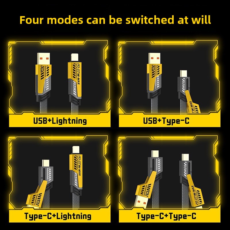 Close view of the yellow zinc alloy connector shell on the braided cable