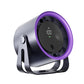 Purple mini desk fan on a tilting stand with a digital speed and battery display
