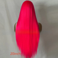 Back view of the 20 inch rose pink straight wig on a mannequin with the length label