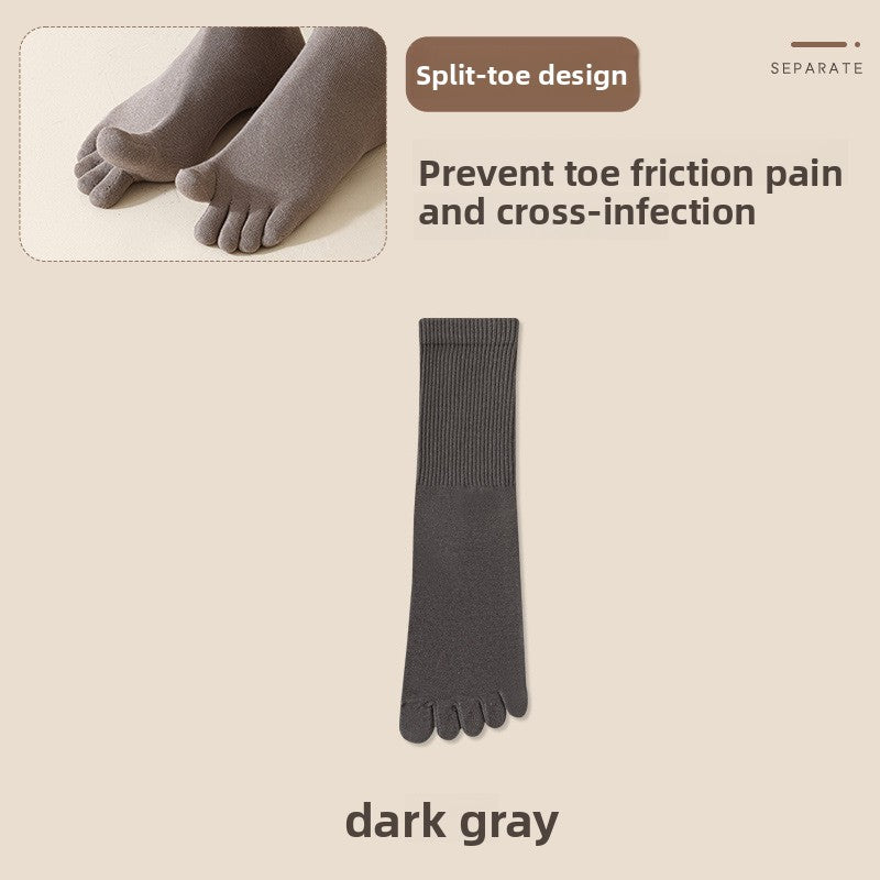 Dark Gray five-finger cotton sock laid flat with separated toes, Dark Gray option