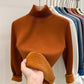 Burnt Orange high collar fleece lined knit sweater, size L option, shown on a hanger