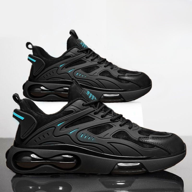 Front three quarter view of the black air cushion sneaker