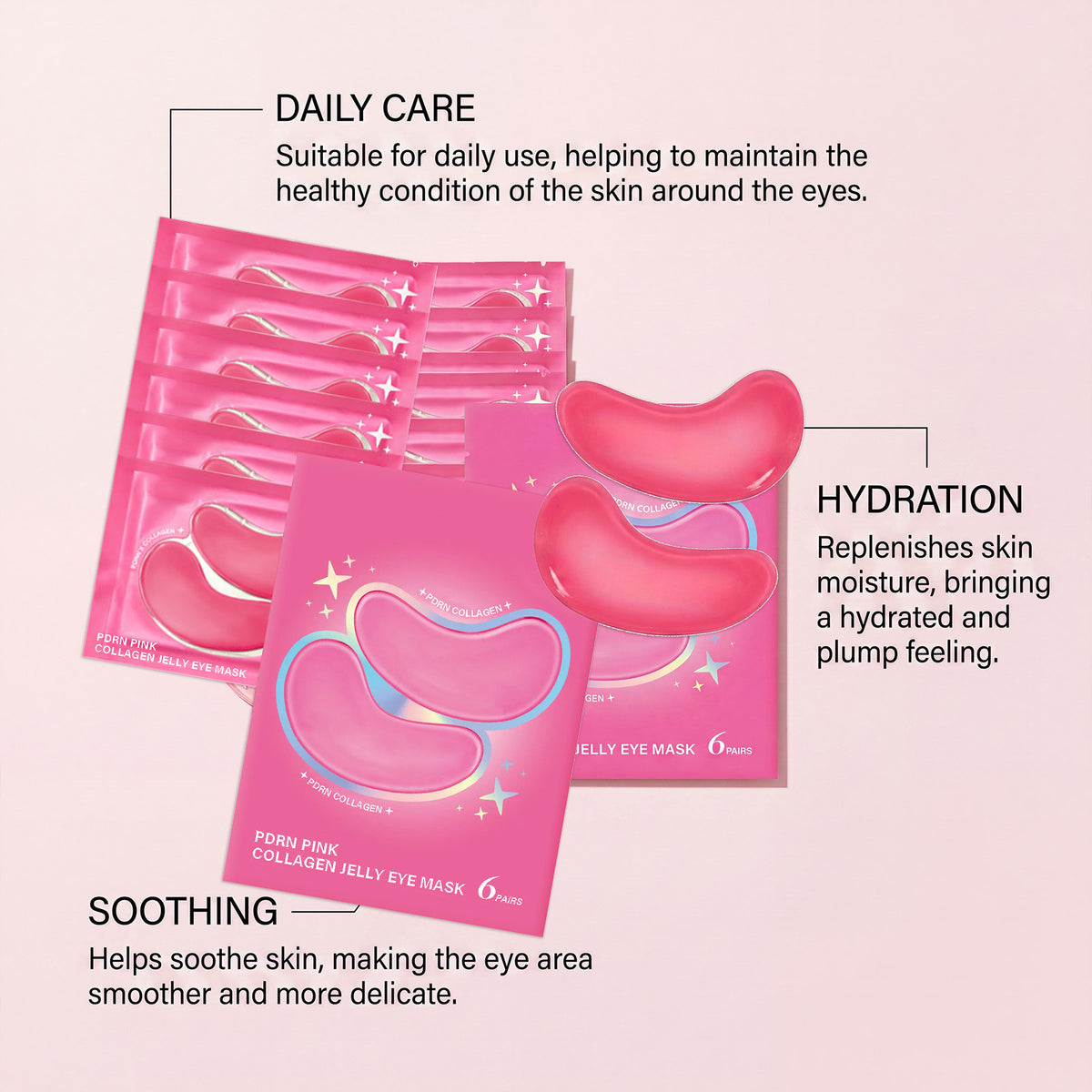 Pink collagen hydrogel under eye gel masks, soft jelly crescents from a six pair pack