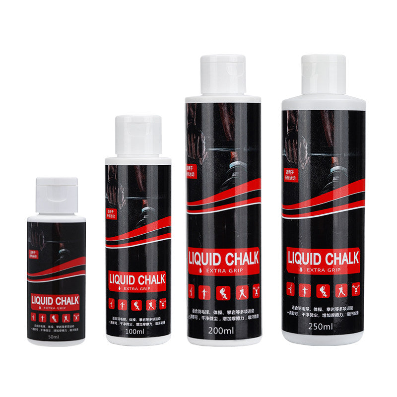 Benefits panel showing liquid magnesium chalk poured into a hand for a dry, dust-free grip