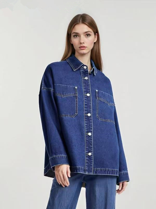 Dark blue washed denim shirt with chest pockets and button front, size XL variant image