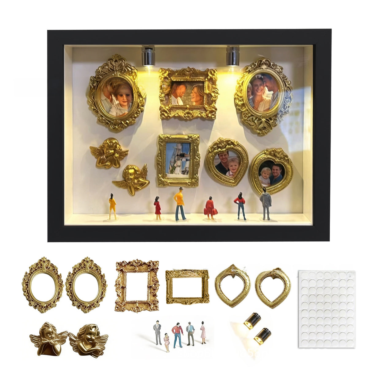 Black shadow box set with gold mini photo frames and cherubs above a flat lay of every piece included in the set
