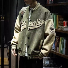 Mens Retro Varsity Baseball Jacket with Embroidered Lettering and Contrast Sleeves