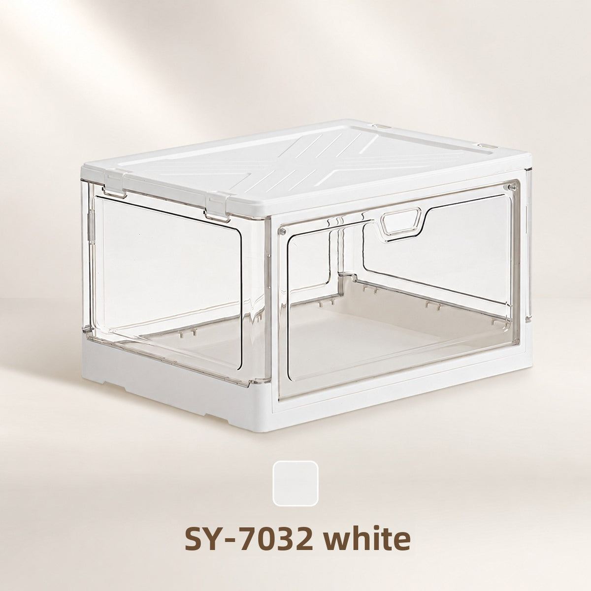 Green framed clear stackable shoe storage box holding one pair