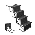 Black foldable four step pet stairs in steel pipe with non slip steps, shown open and folded