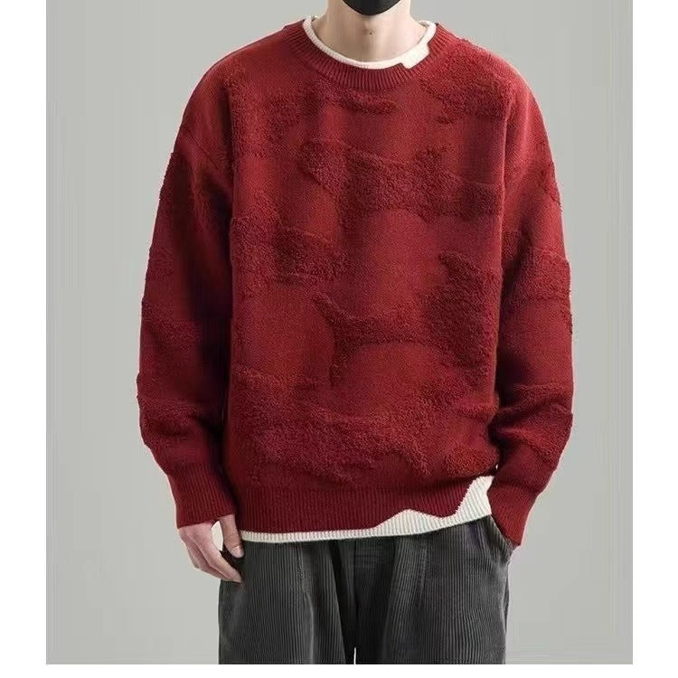Man wearing a red whale jacquard knit sweater with white inner layer, size XXL option