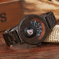 Close up scale reference of the wooden compass watch case and dial