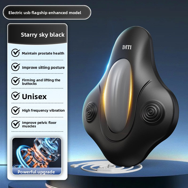 Black contoured pelvic floor trainer pad with its USB charging cable and central silicone zone