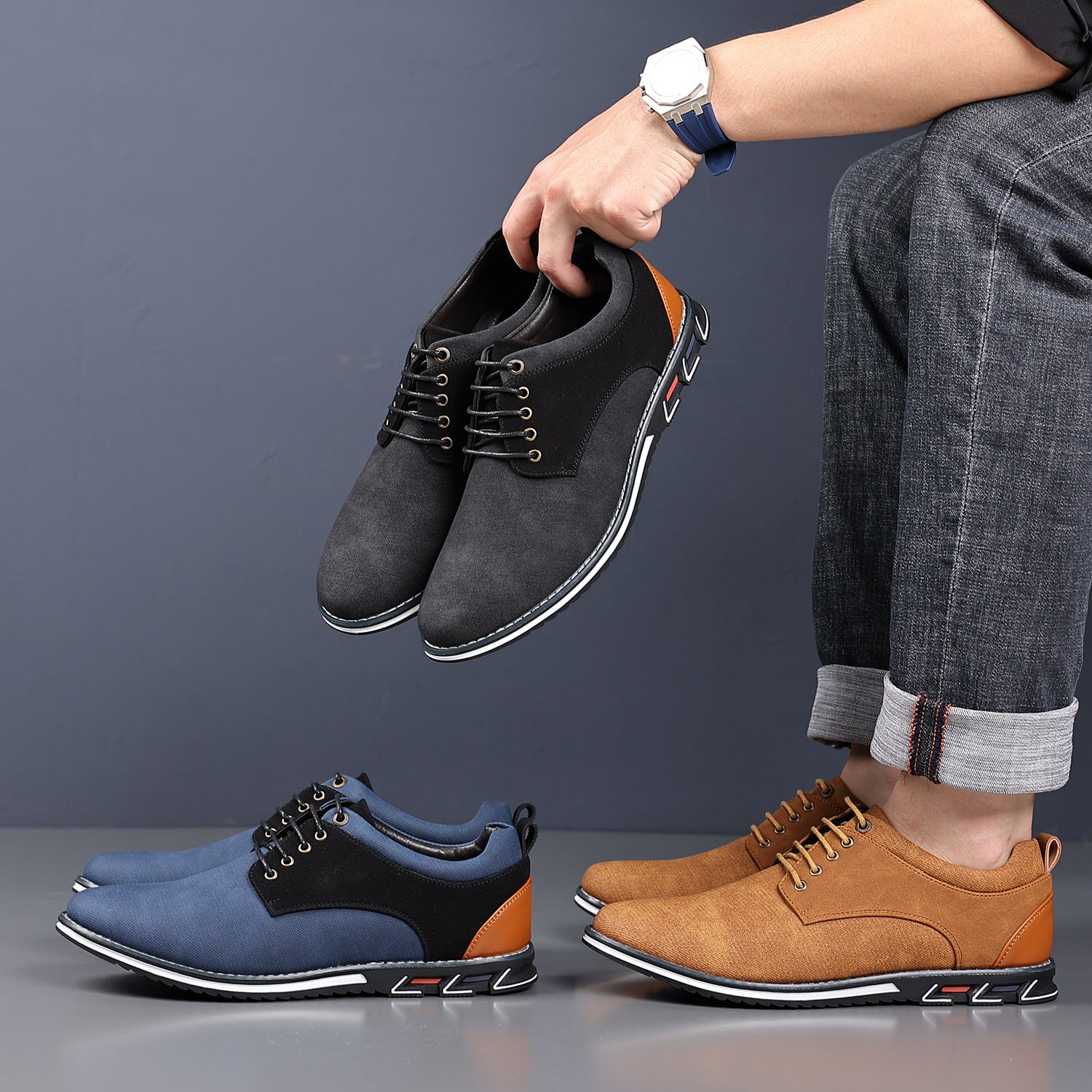 Low top derby shoe in a matte synthetic upper with a cushioned footbed