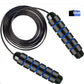 Black and blue skipping rope laid flat on white with the coated steel cable coiled