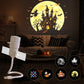 Haunted castle under a yellow full moon projected on a wall, six slide icons shown, 6 slides option