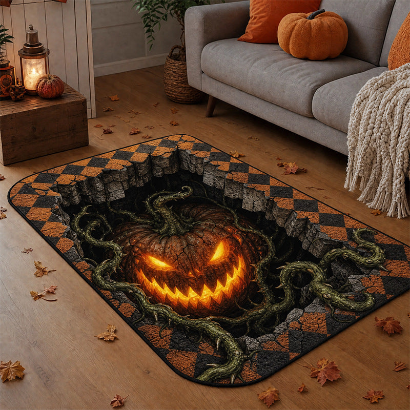 Halloween crystal velvet area rug printed with a 3D style carved pumpkin scene on a soft pile surface