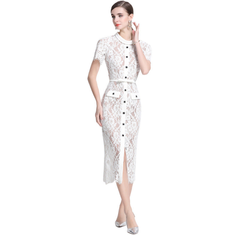 Hollow-Out Lace Maxi Dress | close up material texture