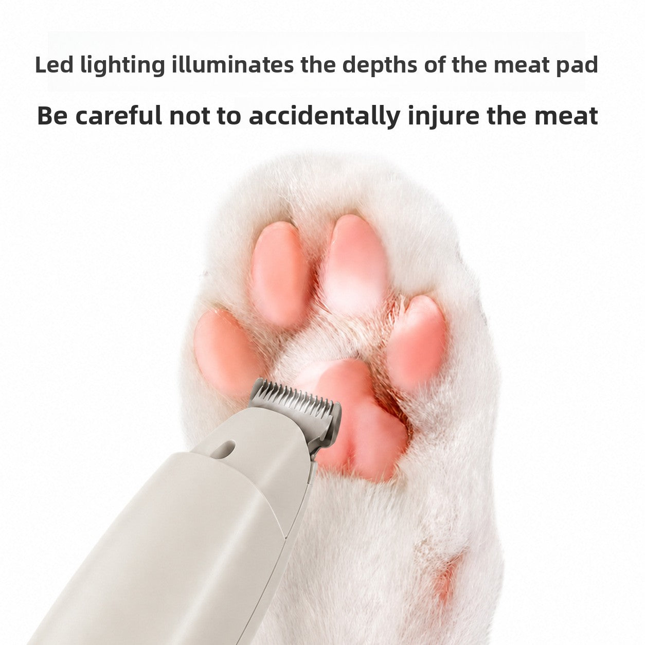 White pet trimmer on a clear stand beside a chart showing its low sound rating near fifty decibels