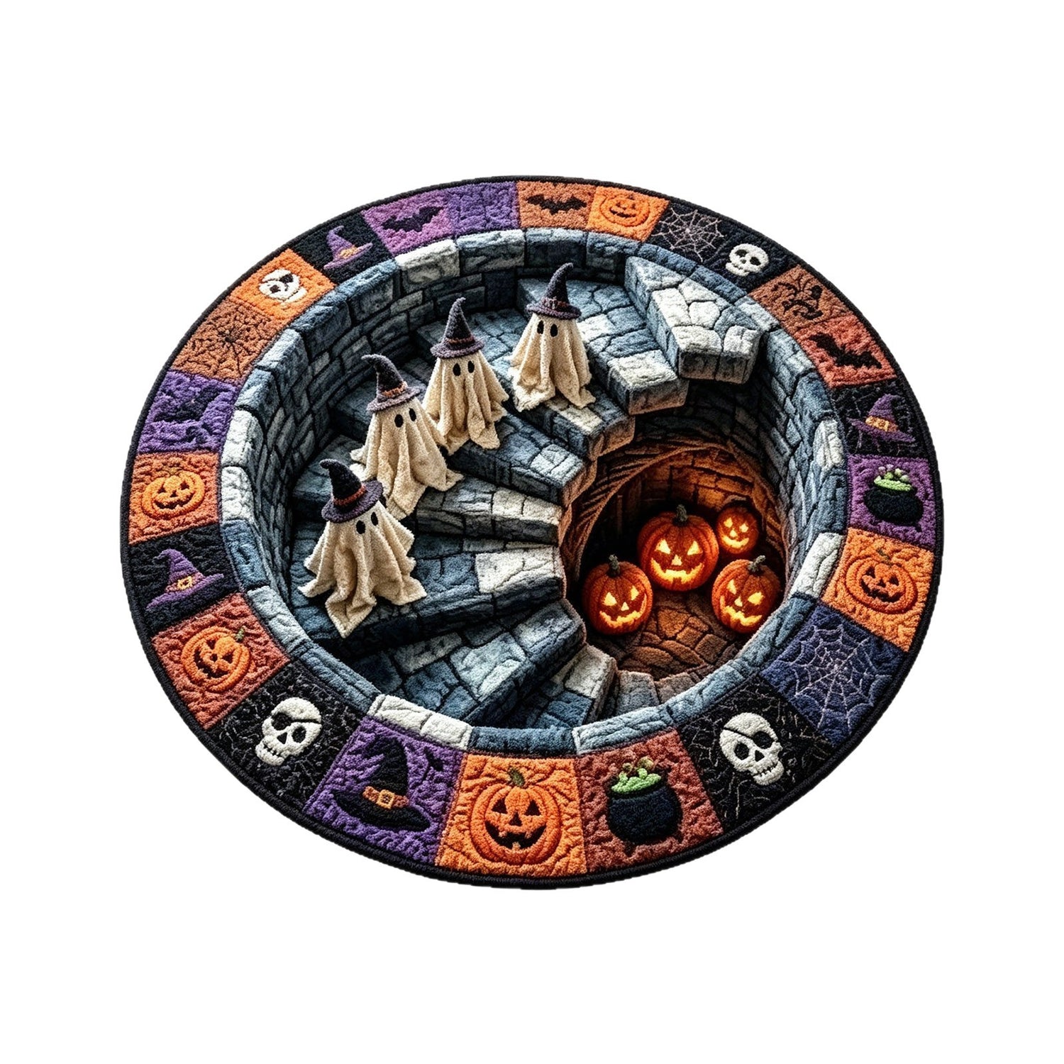 Seasonal 3D print plush decorative floor mat displayed on a light wood floor