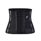 Black breathable mesh waist trainer laid flat, showing the vertical boning channels and front hook closure